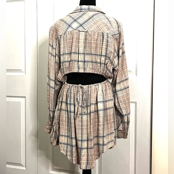 Free People Elai Plaid Check Open Back ShirtDress Ivory Combo size Large - Picture 7 of 15